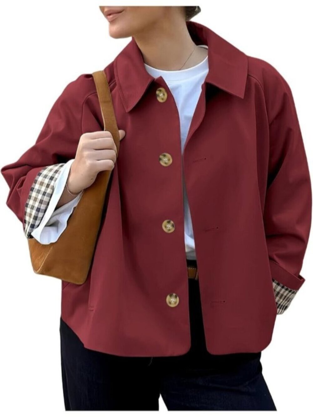 Women Maroon Cropped Plaid Cuff Button Front Single Breasted Lining Trench Coat